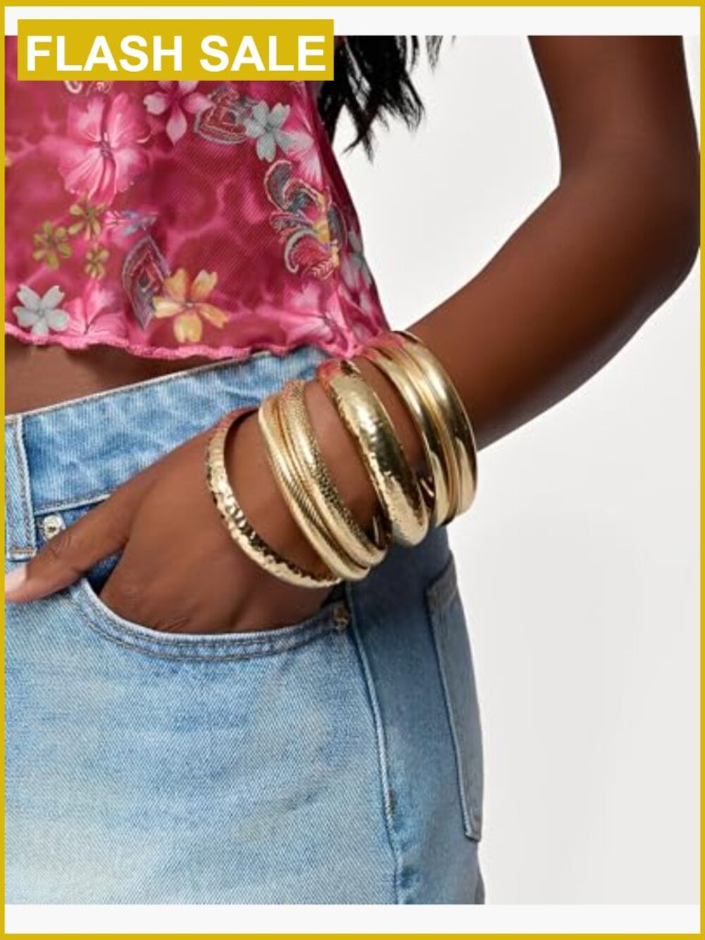 7-Piece Stackable Bangle Bracelet Set, 14K Gold Plated, Boho Style - Picture 6 of 7